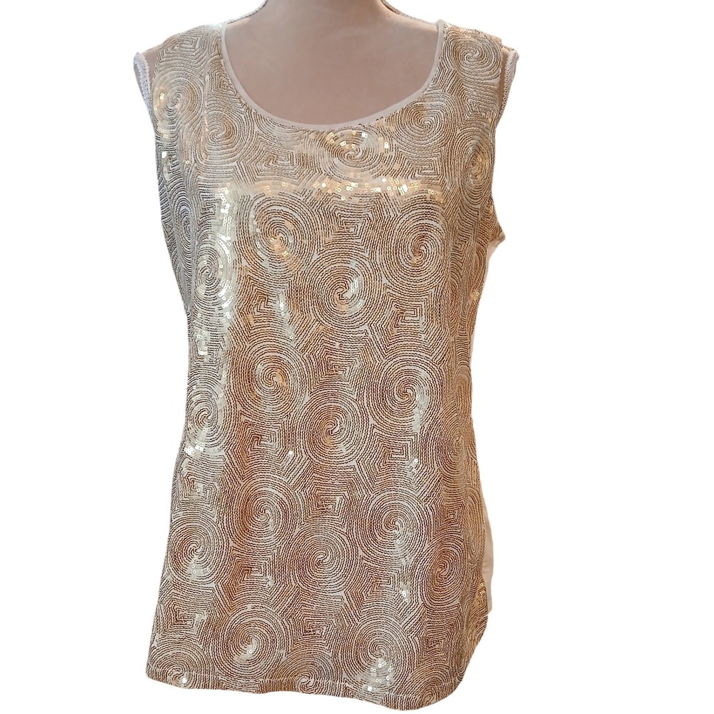 Coldwater Creek Womens Large 14 Gold Sequin Swirl Knit  Tank Top Cream Ivory